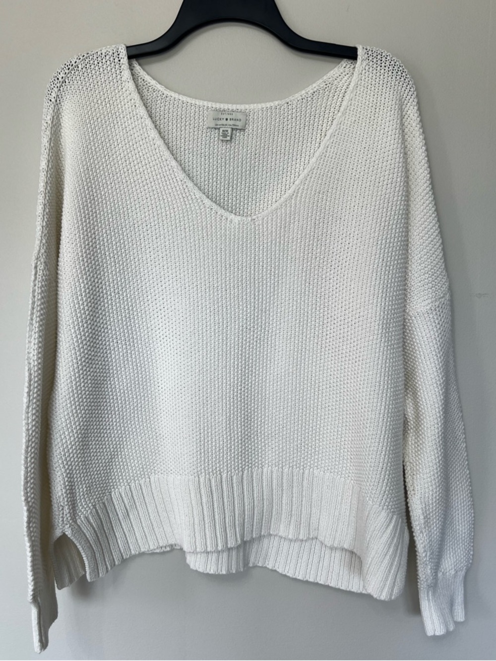 Lucky Brand White V-Neck Textured Knit Sweater